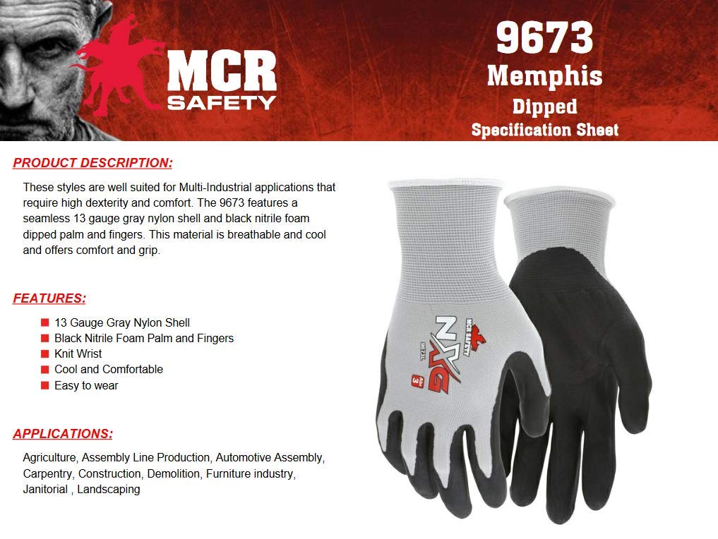 MCR Safety 9673M NXG Work Gloves Medium Gray Black Nitrile Foam Coated Palm 12 Pair