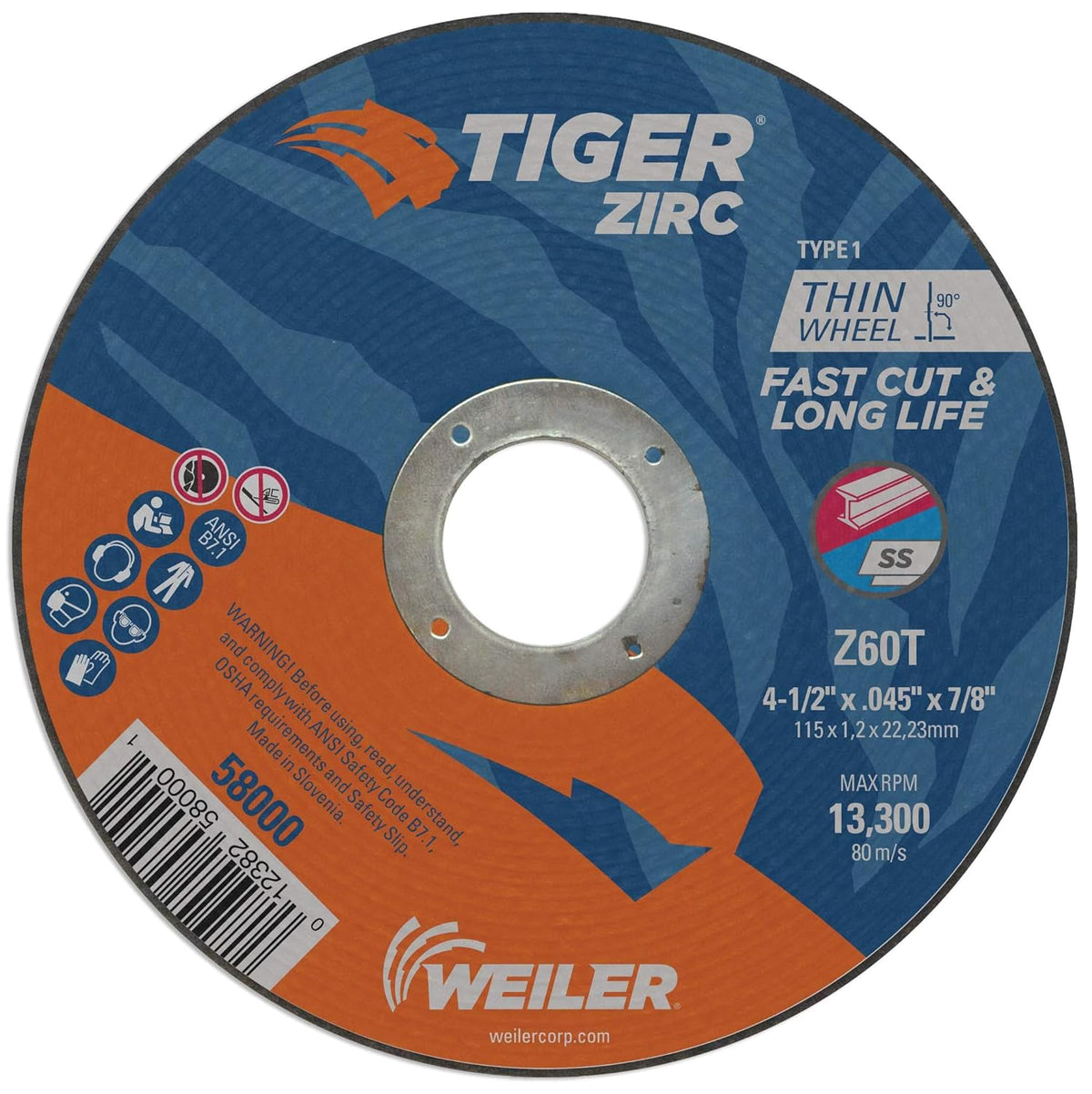 Weiler 58000 4-1/2 Inch Cutting Wheel, Tiger Zirc Steel/Metal Fast Cut & Long Life High Performance Cutting, .045 Z60T Type 1 7/8 Arbor, Pack of 25