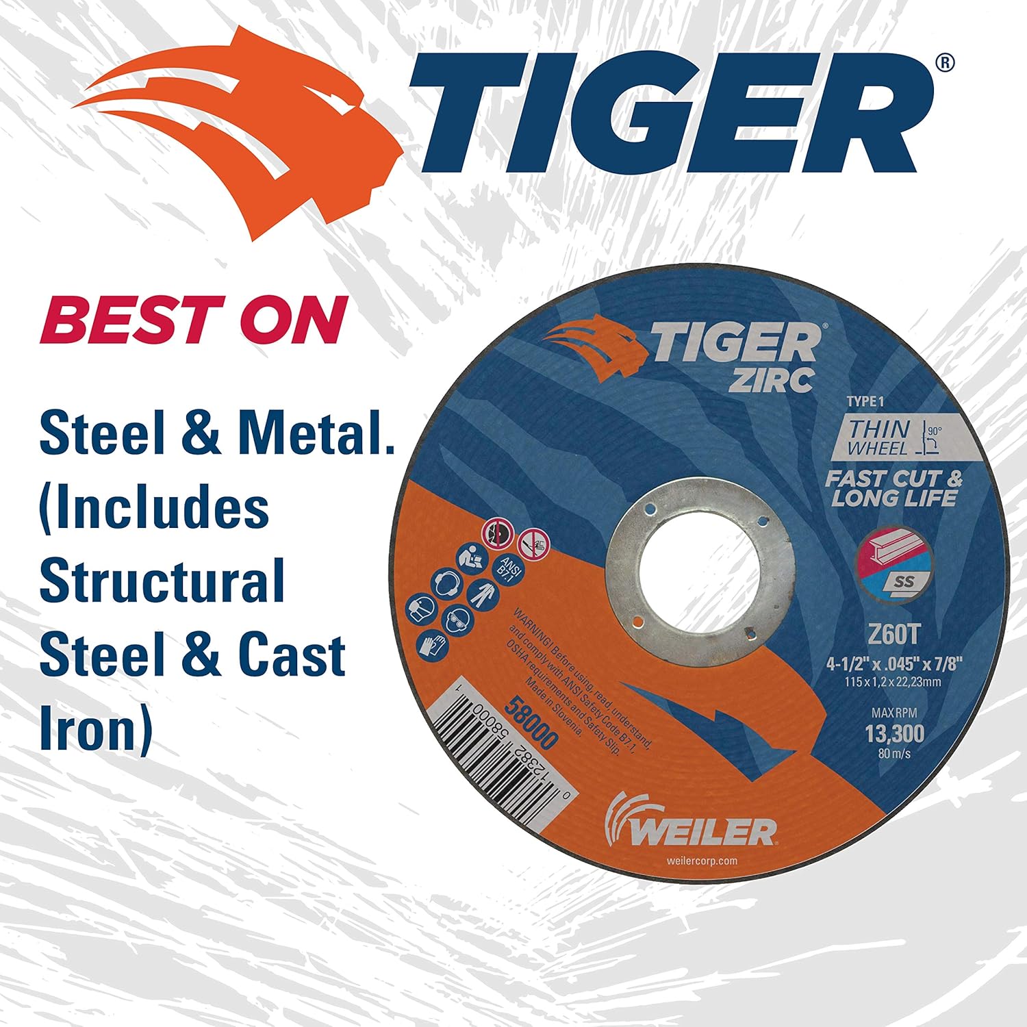 Weiler 58000 4-1/2 Inch Cutting Wheel, Tiger Zirc Steel/Metal Fast Cut & Long Life High Performance Cutting, .045 Z60T Type 1 7/8 Arbor, Pack of 25