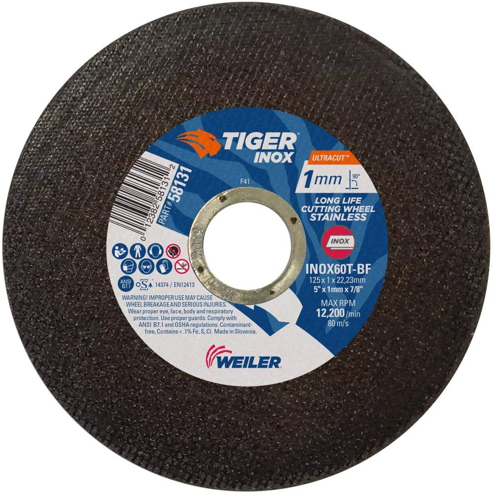 Weiler 58131 5 Inch Cutting Wheel, Tiger Inox Ultracut 1 mm Contaminant-free High Performance Thin Cutting, 7/8 Arbor, Pack of 50