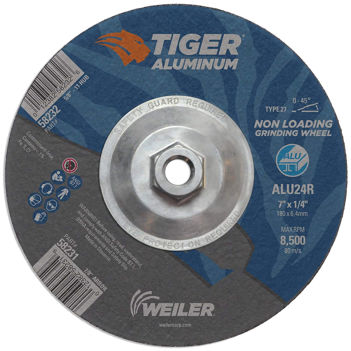 Weiler 58232 7 x 1/4 Tiger Aluminum Type 27 Grinding Wheel ALU24R 5/8-11 Nut (Pack of 10)