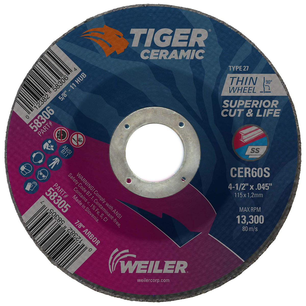 Weiler 58305 4-1/2 Inch Cutting Wheel, Tiger Ceramic, Pack of 25