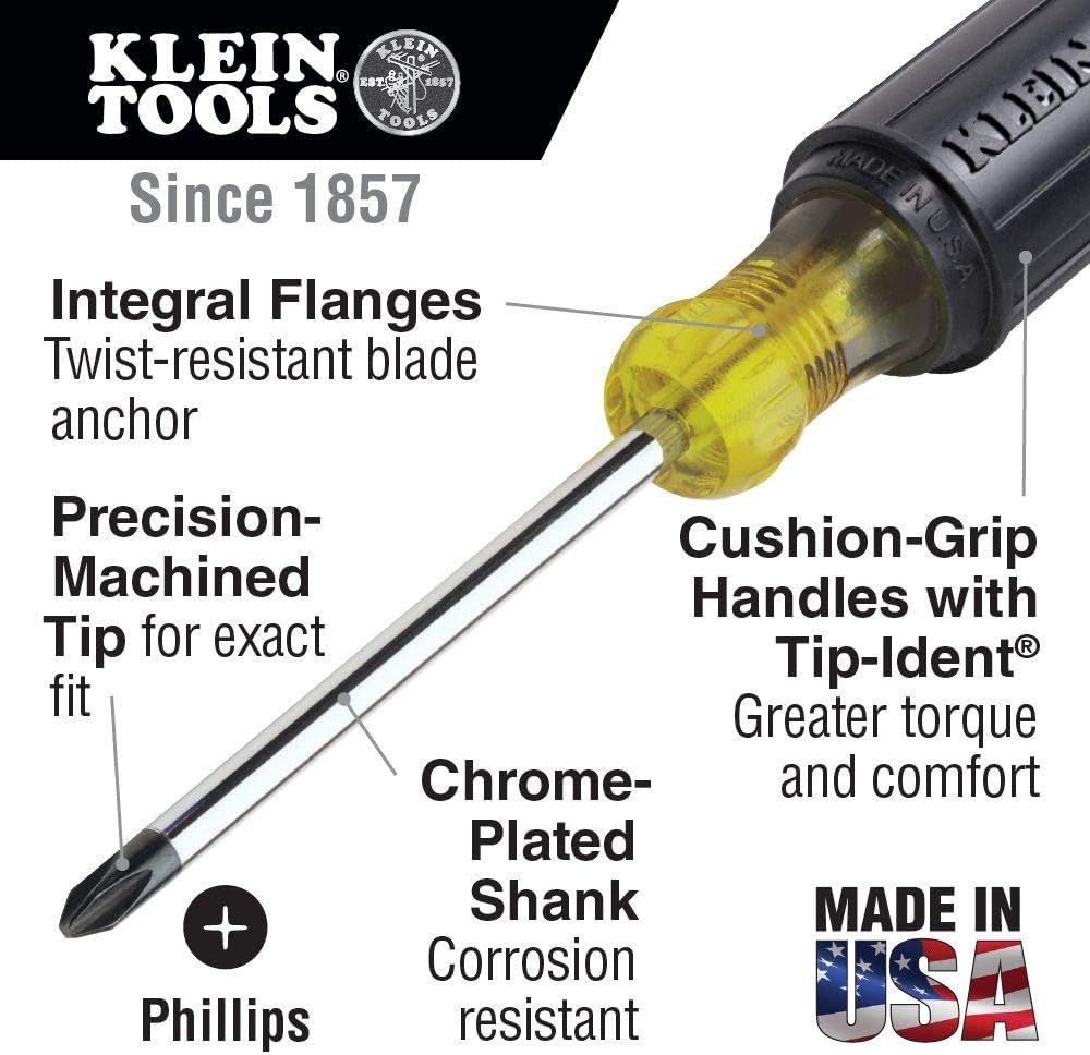 Klein Tools 603-3 #1 Phillips Head Screwdriver 3-Inch Round Shank Cushion Grip Handle