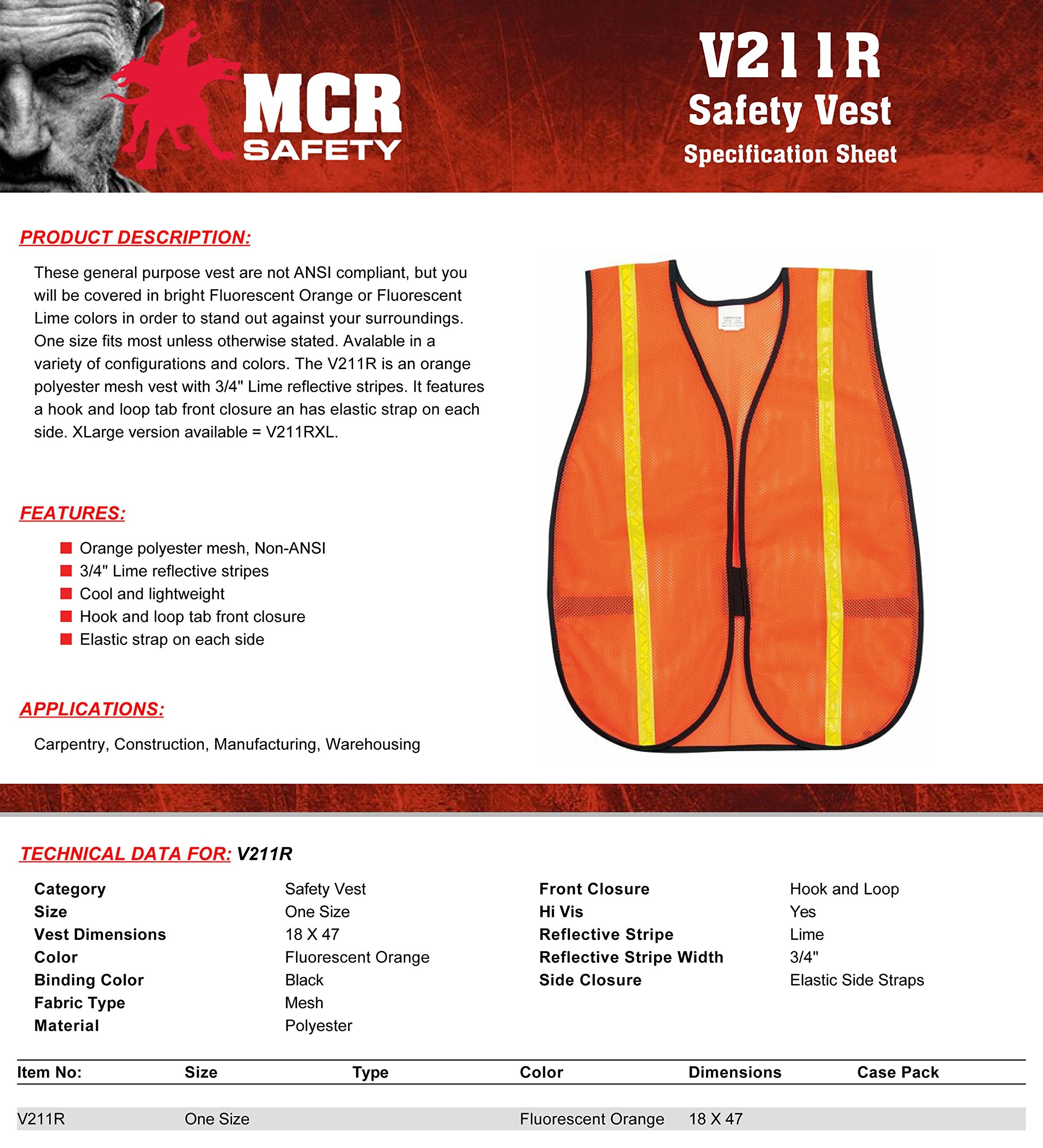 MCR Safety V211R Polyester Mesh General Purpose Safety Vest with 3/4-Inch Lime Reflective Stripe, Fluorescent Orange