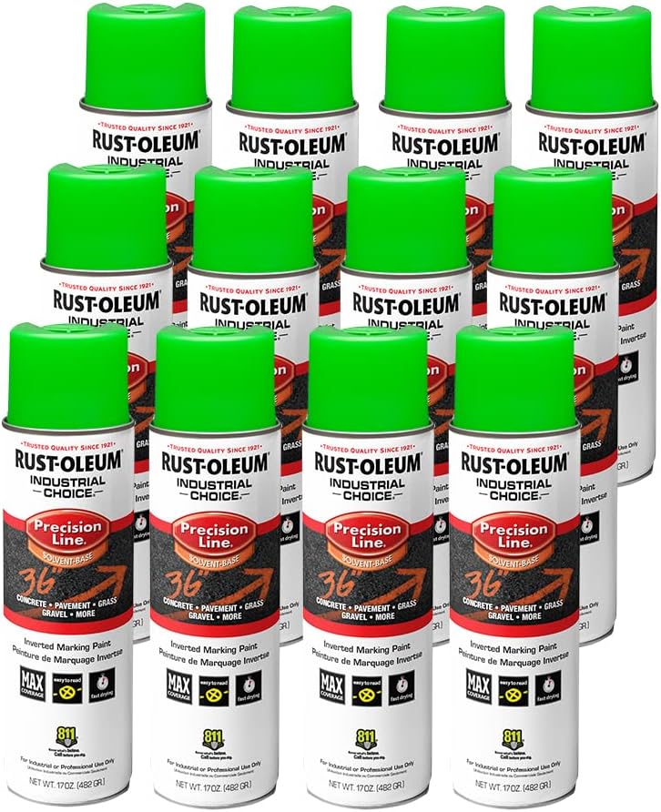 Rust-Oleum 203023V Industrial Choice Inverted Solvent-Based Marking Spray Paint Fluorescent Green 17 Oz 12 Pack