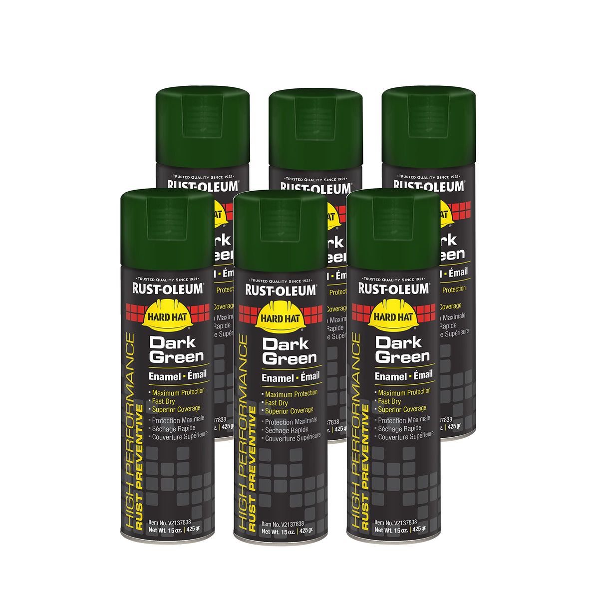 Rust-Oleum V2137838 High Performance V2100 System Rust Preventive Enamel Spray Paint, 20 fl. oz. container, 15 oz. fill,, Dark Green, 6-Pack