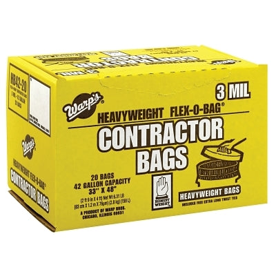 Warp Brothers HB42-20 Flex-O-Bag Trash Can Liners and Contractor Bags 42 gal 3 mil 33 in x 48 in Black Heavyweight