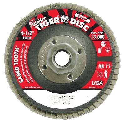 Weiler 50104 Tiger Ceramic Flap Disc 4 1/2 inch 36 Grit 5/8 Arbor 13000 RPM