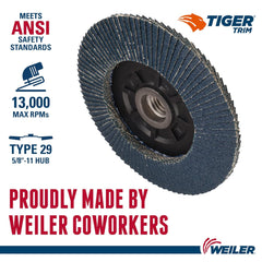 Weiler 50008 Tiger 5/8-11 Arbor 4-1/2 Diameter 80 Grit Zirconium Trimmable Composite Backing Angled Abrasive Flap Disc