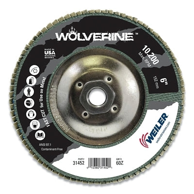 Weiler 31452 Wolverine Abrasive Flap Disc 6 inch dia 60 grit 5/8 inch to 11 inch arbor 10200 RPM