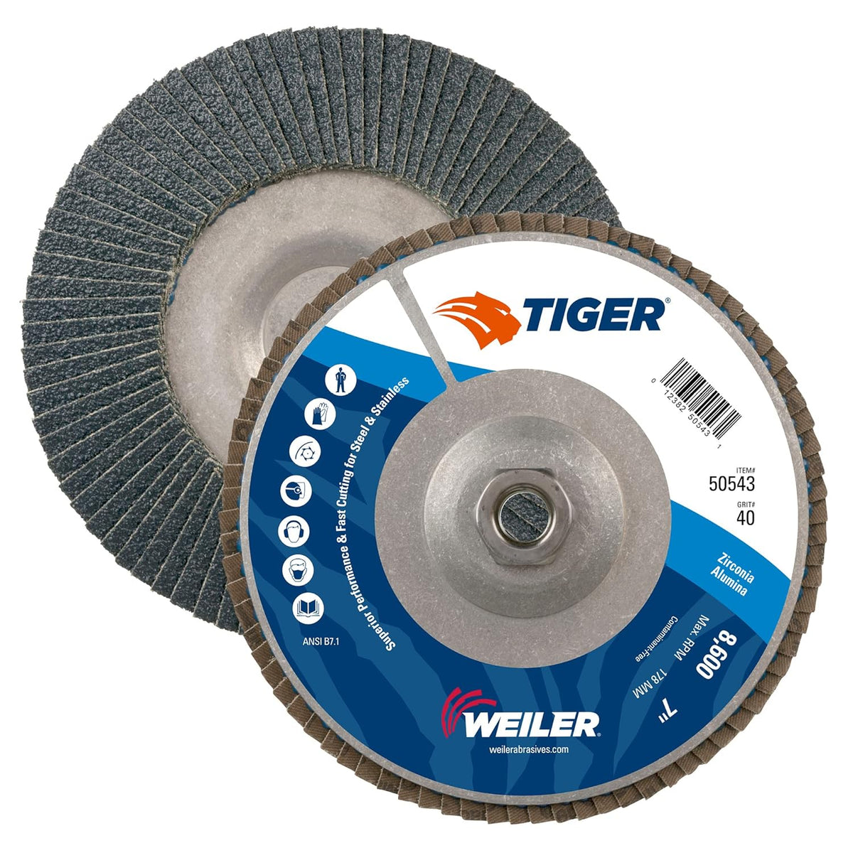 Weiler 50543 Tiger Abrasive Flap Disc Type 29 Threaded Hole Aluminum Backing Zirconia Alumina 7 Inches Diameter 40 Grit