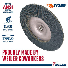 Weiler 50543 Tiger Abrasive Flap Disc Type 29 Threaded Hole Aluminum Backing Zirconia Alumina 7 Inches Diameter 40 Grit