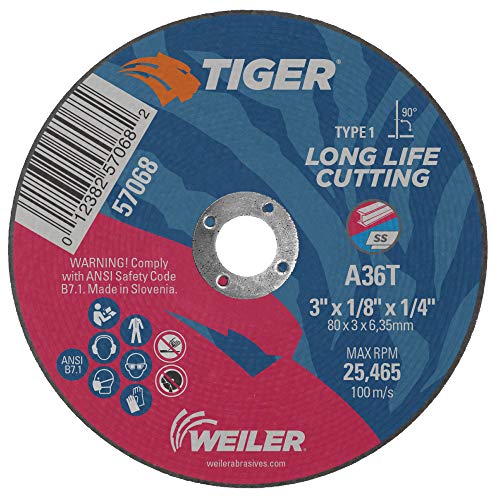 Weiler 57068 3-Inch Cutting Wheel, Tiger AO Steel/Metal Long Life, Performance Cutting, 1/8 A36T Type 1 1/4 Arbor (Pack of 100)