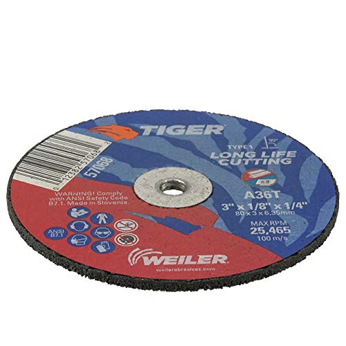 Weiler 57068 3-Inch Cutting Wheel, Tiger AO Steel/Metal Long Life, Performance Cutting, 1/8 A36T Type 1 1/4 Arbor (Pack of 100)