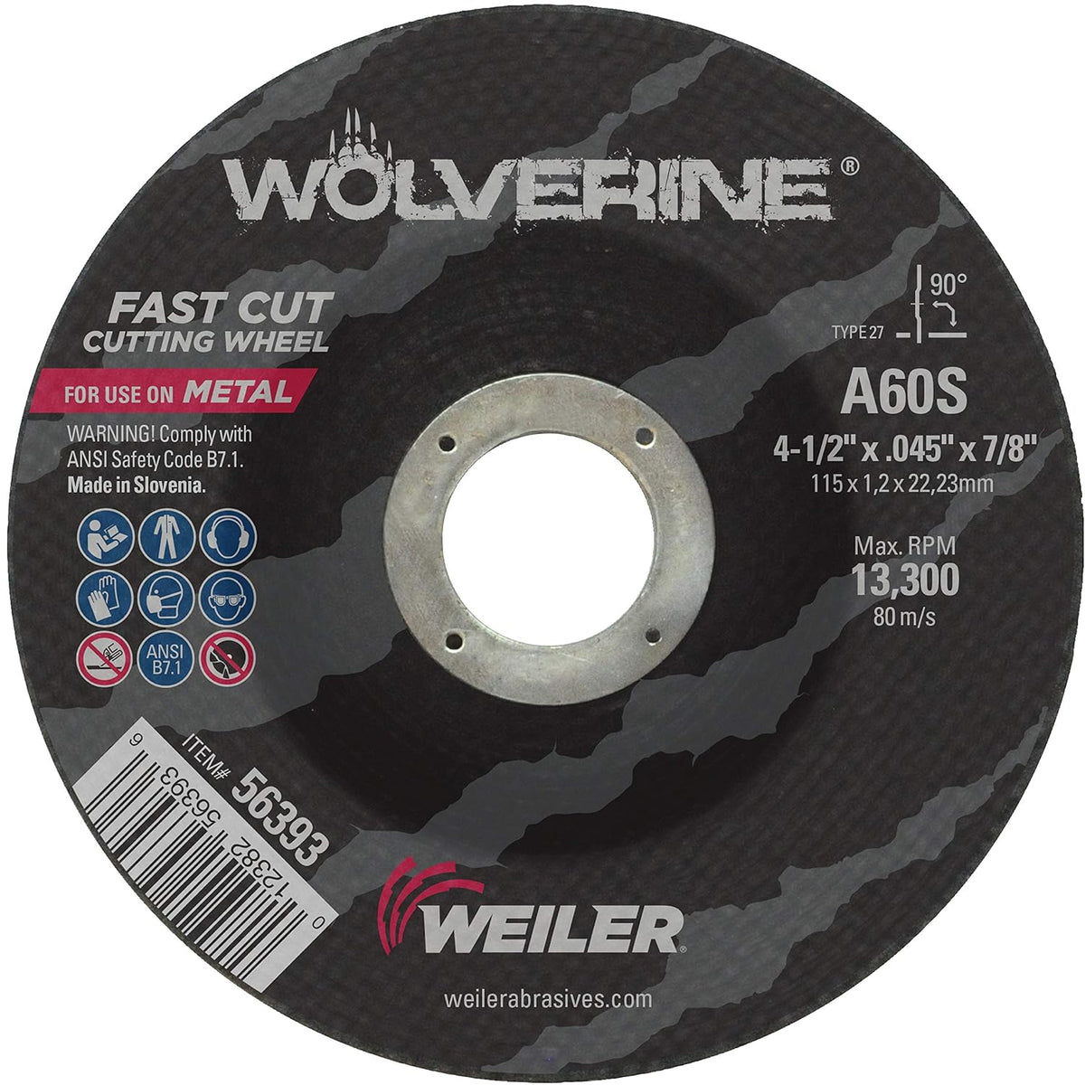 Weiler 56393 Wolverine Thin Cutting Wheel 4-1/2in Dia 60 Grit .045in Thick 7/8in Arbor