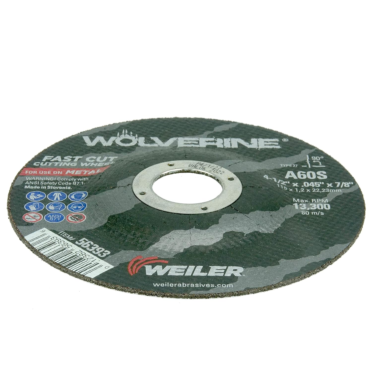 Weiler 56393 Wolverine Thin Cutting Wheel 4-1/2in Dia 60 Grit .045in Thick 7/8in Arbor