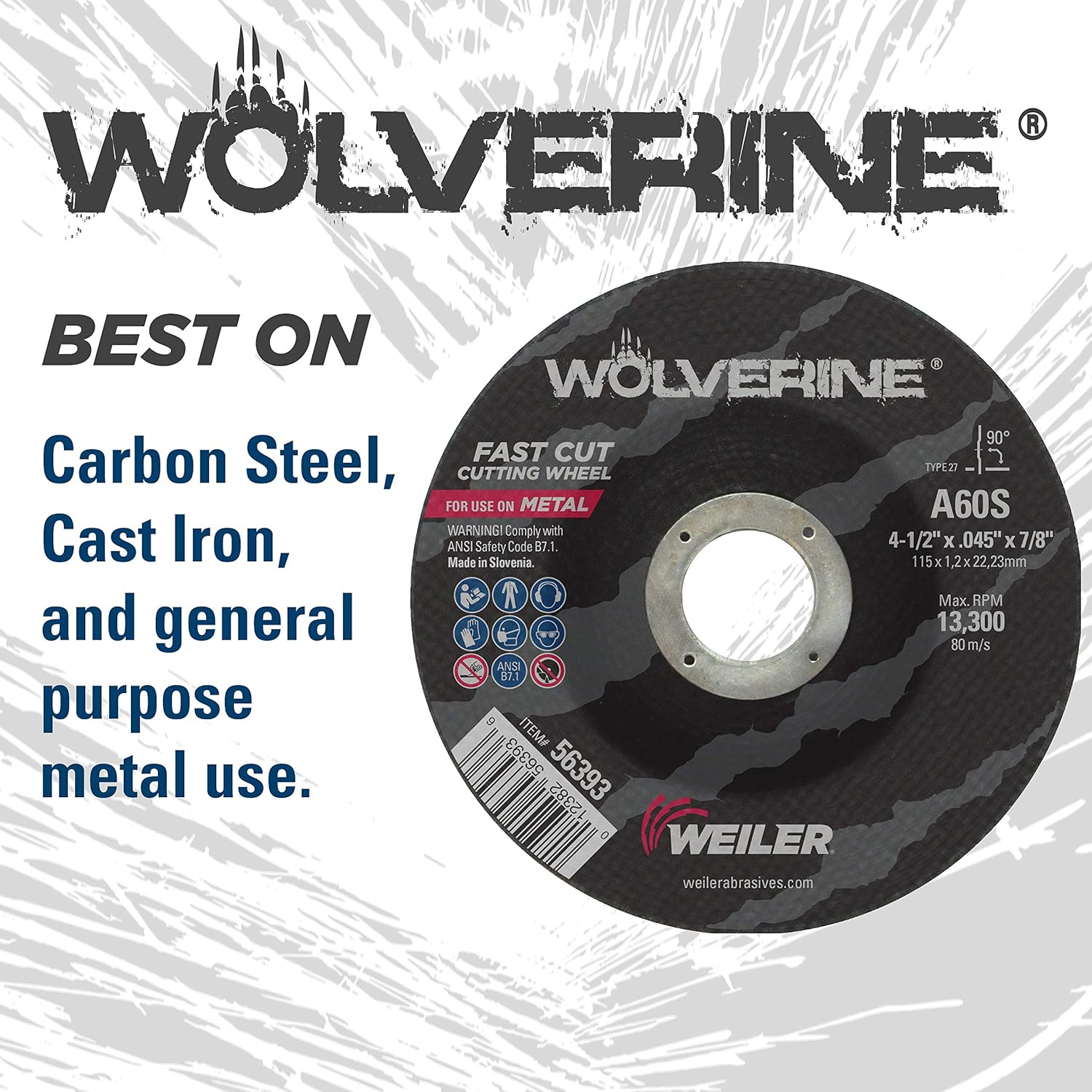 Weiler 56393 Wolverine Thin Cutting Wheel 4-1/2in Dia 60 Grit .045in Thick 7/8in Arbor