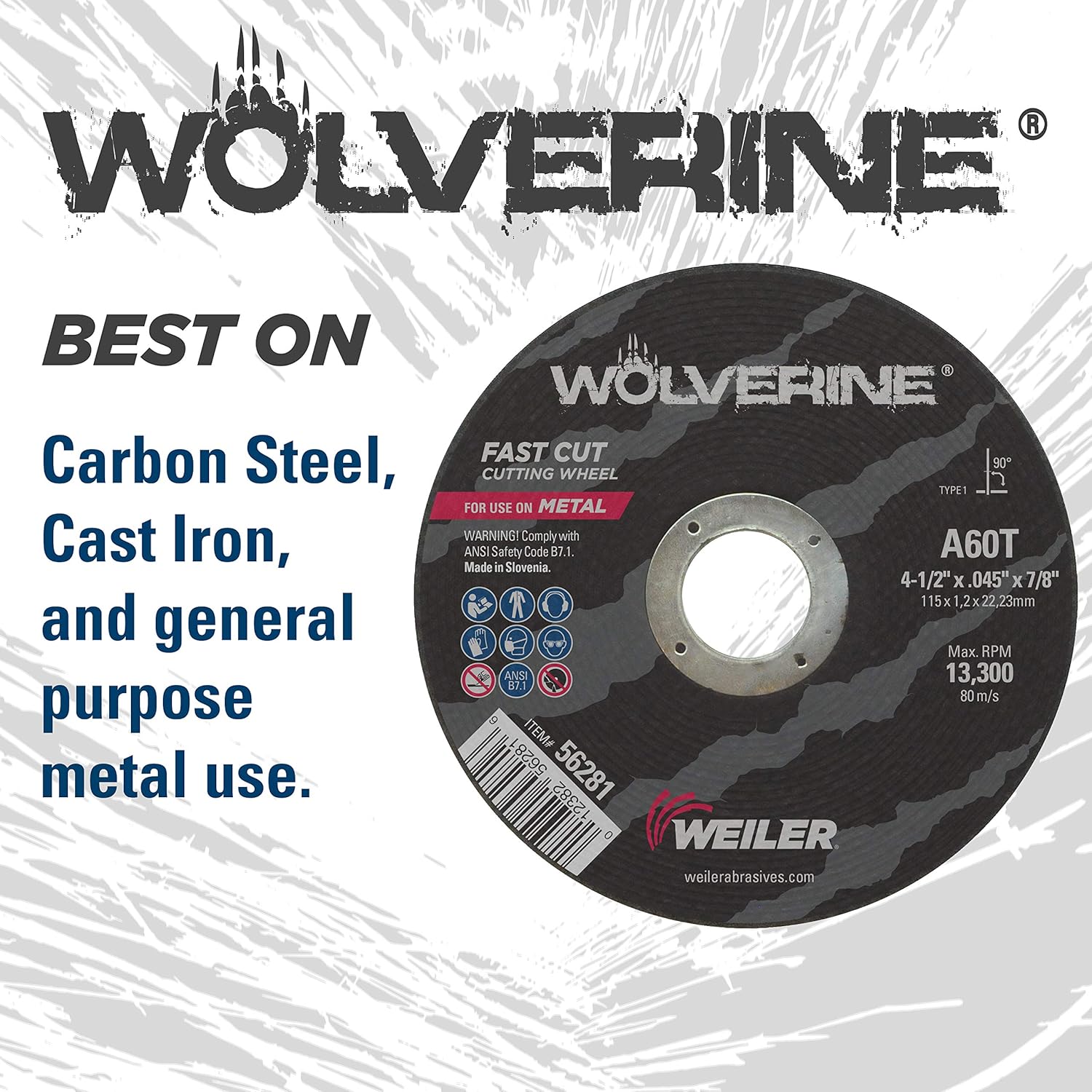 Weiler 56281 Wolverine Type 1 Cutting Wheel 4 1/2 In Diameter 0.045 In Thickness 7/8 In Arbor A60T Grit