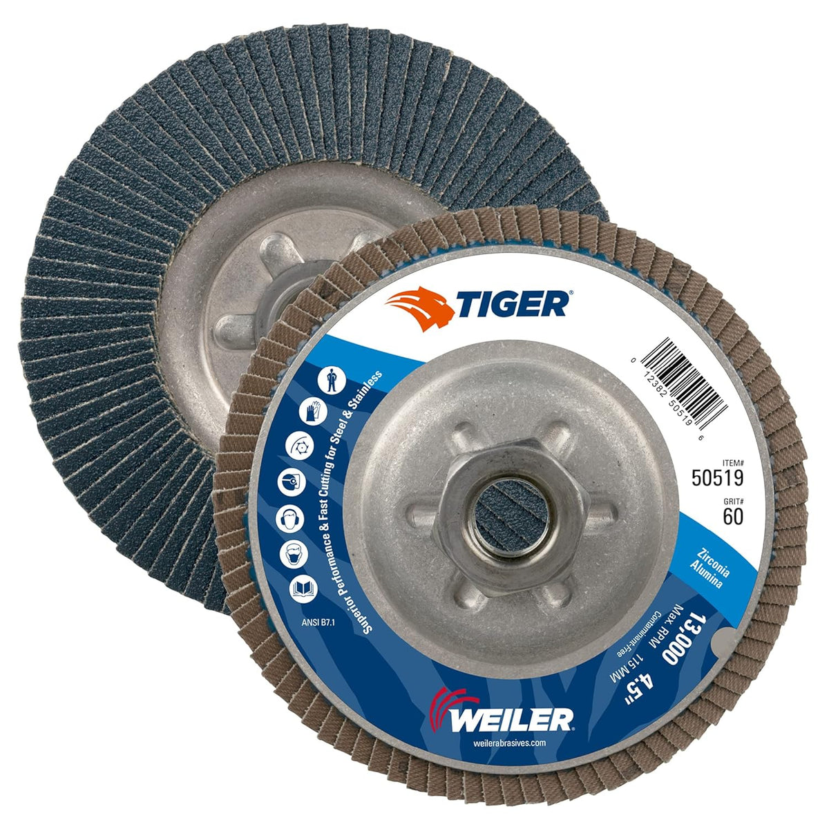 Weiler 50519 Tiger Premium Type 29 Angled Flap Disc Zirconia Alumina 60 Grit 5/8-11 UNC 13000 rpm 4-1/2