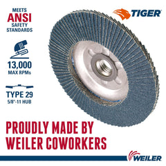 Weiler 50519 Tiger Premium Type 29 Angled Flap Disc Zirconia Alumina 60 Grit 5/8-11 UNC 13000 rpm 4-1/2