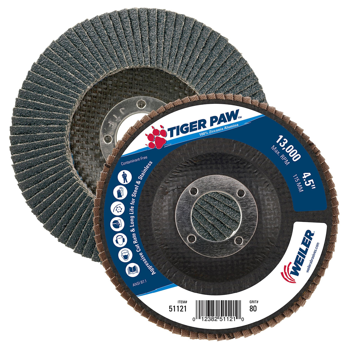 Weiler 51121 4-1/2 Tiger Paw Abrasive Flap Disc Angled (Ty29) Phenolic Backing 80Z 7/8 Arbor Hole Pack of 10