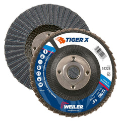 Weiler 51228 Tiger X Flap Disc Ceramic and Zirconia Alumina Flat Phenolic Backing 80 Grit 4.5 Inches 5/8-11 Arbor Hole Pack of 10