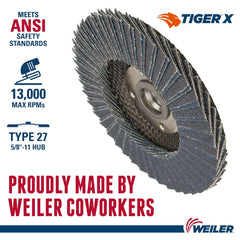 Weiler 51228 Tiger X Flap Disc Ceramic and Zirconia Alumina Flat Phenolic Backing 80 Grit 4.5 Inches 5/8-11 Arbor Hole Pack of 10