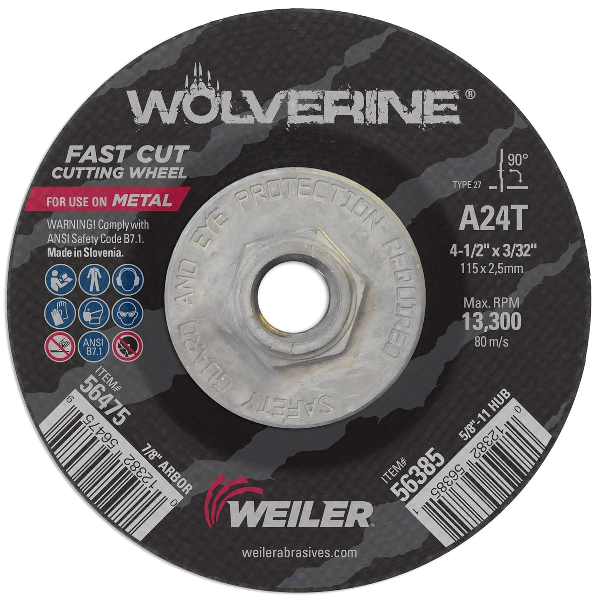 Weiler 56385 Wolverine 5/8 11 Arbor 3/32 Thickness 4 1/2 Diameter A24T Grit Type 27 Cutting Wheel