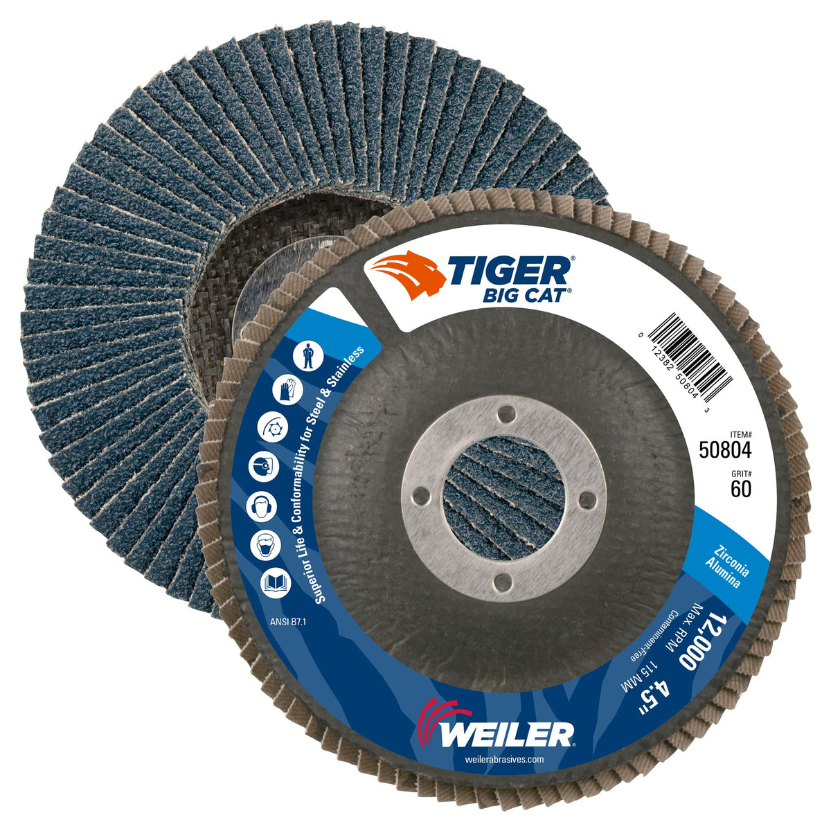 Weiler 50804V Tiger Big Cat High Density Flap Disc 4-1/2 dia 7/8 arbor 12000 RPM Vending Pack of 5