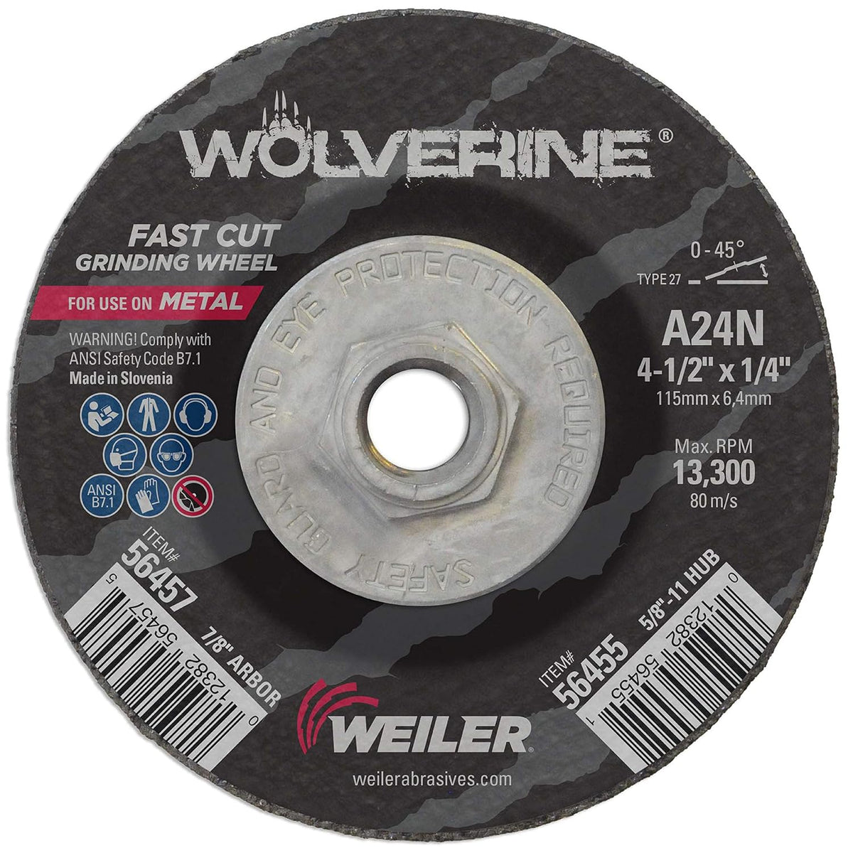 Weiler 56455 Wolverine Grinding Wheel 4-1/2 Inch Diameter 5/8-11 Arbor 24 Grit