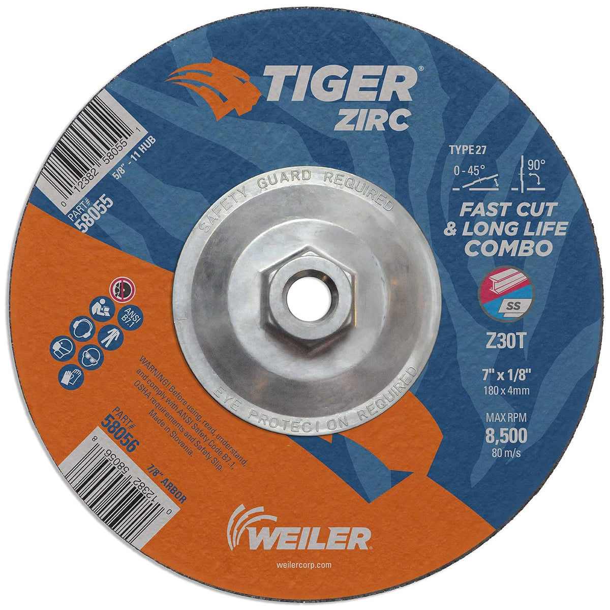 Weiler 58055 7 x 1/8 Tiger Zirc Type 27 Cut and Grind Combo Wheel Z30T 5/8-11 UNC Nut Pack of 10