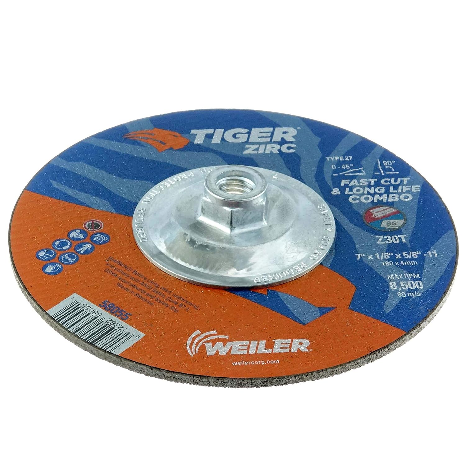 Weiler 58055 7 x 1/8 Tiger Zirc Type 27 Cut and Grind Combo Wheel Z30T 5/8-11 UNC Nut Pack of 10