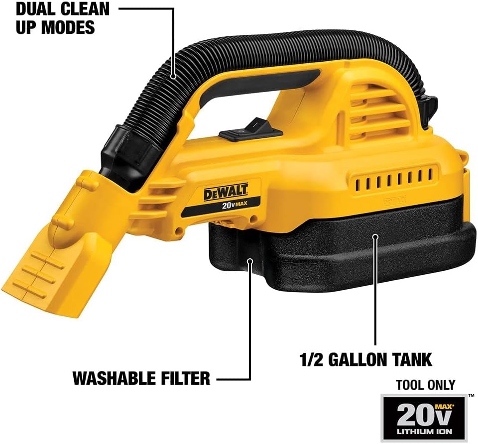 DeWalt DCV517B 20V MAX Hand Vacuum, Cordless, For Wet or Dry Surfaces, 1/2-Gallon Tank, Washable Filter