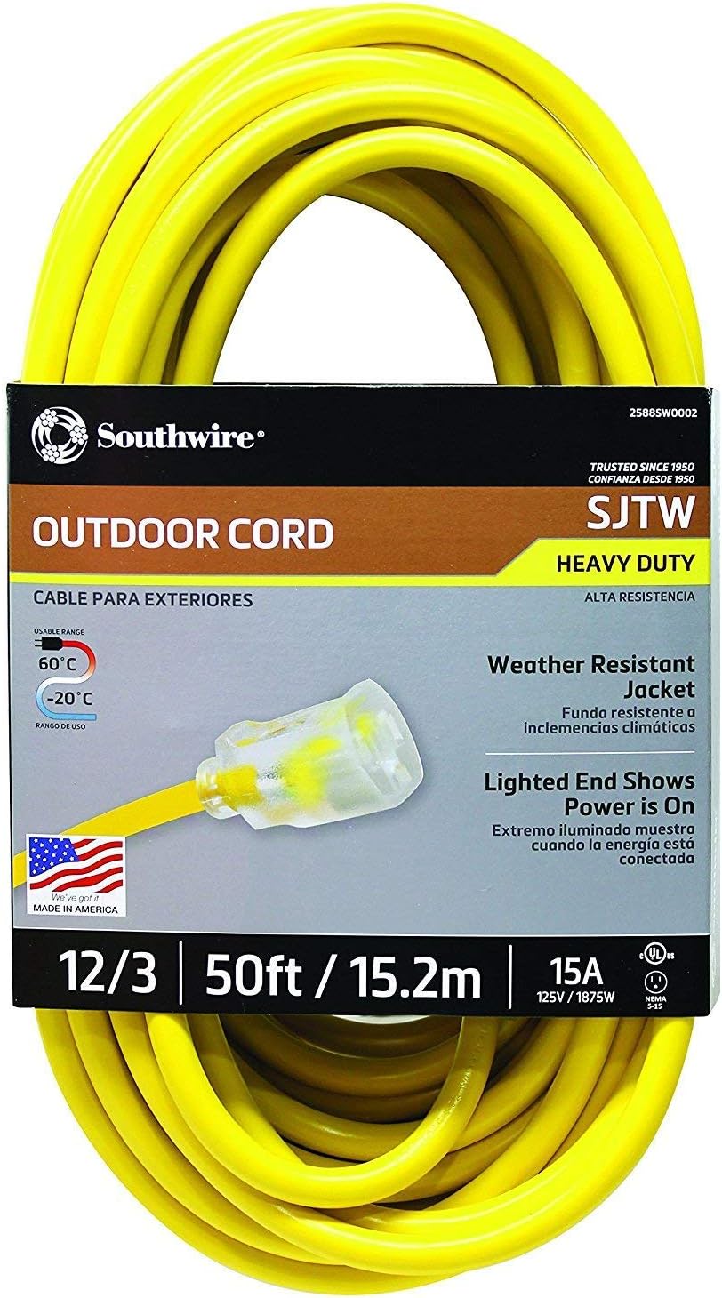 Southwire 2588SW0002 Outdoor Cord 12/3 SJTW Heavy Duty 3 Prong Extension Cord 50 Feet Yellow