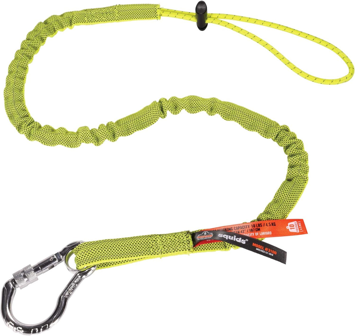 Ergodyne 19003 Squids 3100 Tool Lanyard with Single Carabiner and Adjustable Loop End, Standard Length, Lime