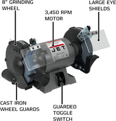 Jet 577102 8-Inch Bench Grinder 3450 RPM 1/2 HP 1Ph 115V JBG-8A