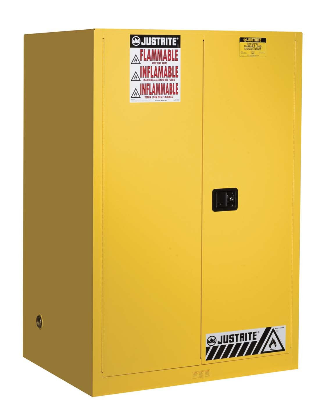 Justrite 899000 Sure-Grip EX Flammable Liquid Storage Cabinet 90 Gallon Reinforced Steel Fire Cabinet for Gasoline Storage 2 Manual Close Doors 65 x 43 x 34 Yellow