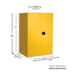 Justrite 899000 Sure-Grip EX Flammable Liquid Storage Cabinet 90 Gallon Reinforced Steel Fire Cabinet for Gasoline Storage 2 Manual Close Doors 65 x 43 x 34 Yellow