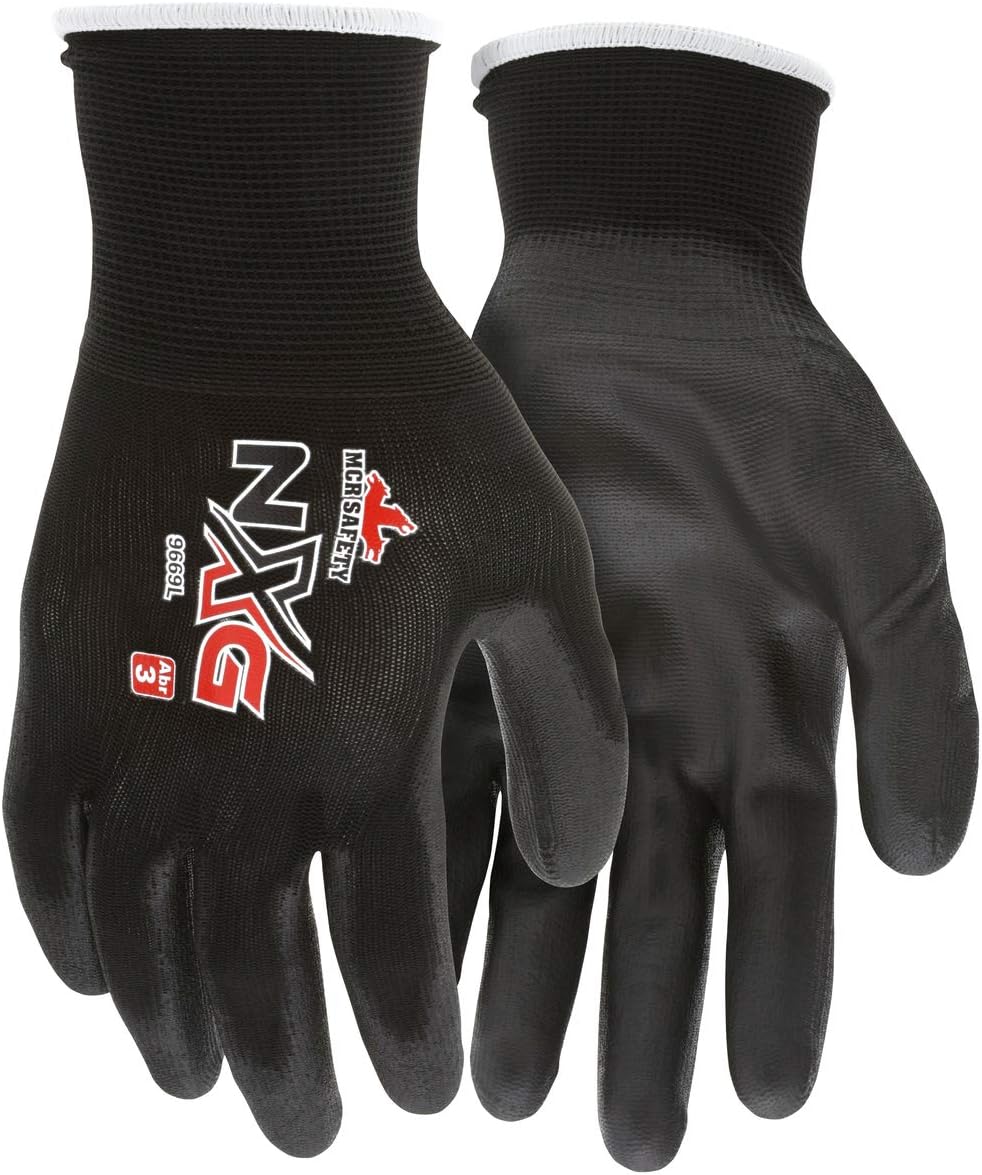 MCR Safety 9669L Safety Work Gloves 13 Gauge Black Nylon Shell Black PU Palm & Fingers Large 12 Pack