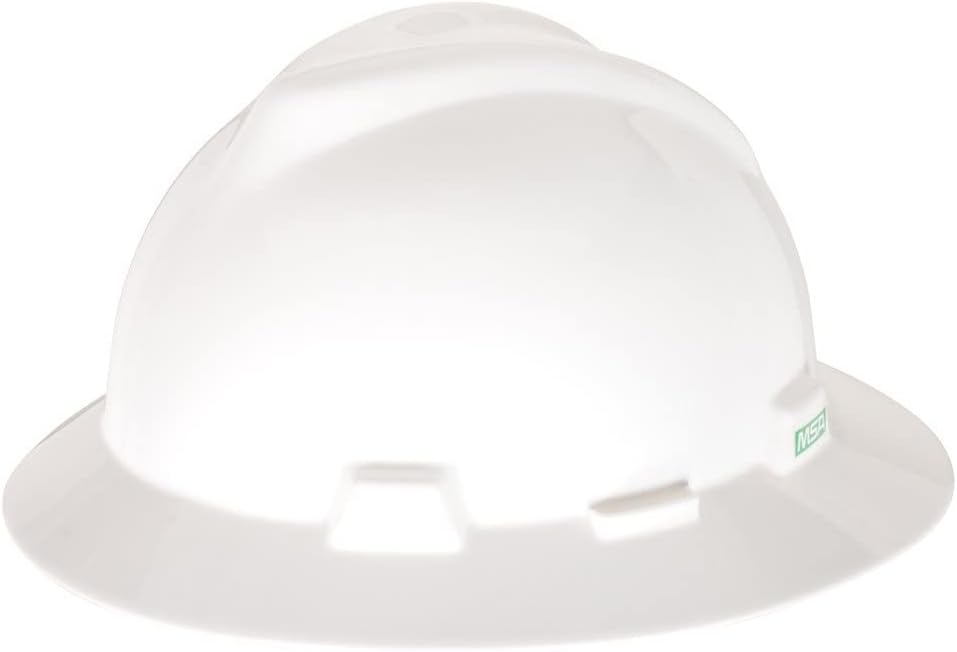 MSA 454733 V-Gard Full-Brim Hard Hat with Staz-on Pinlock Suspension | Polyethylene Shell, Superior Impact Protection, Self Adjusting Crown Straps - Standard Size in White - Item Name