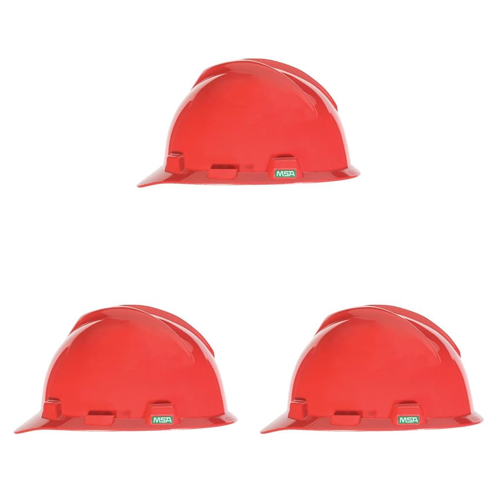 MSA 463947 V-Gard Cap Style Safety Hard Hat with Staz-On Pinlock Suspension - Red (Pack of 3)