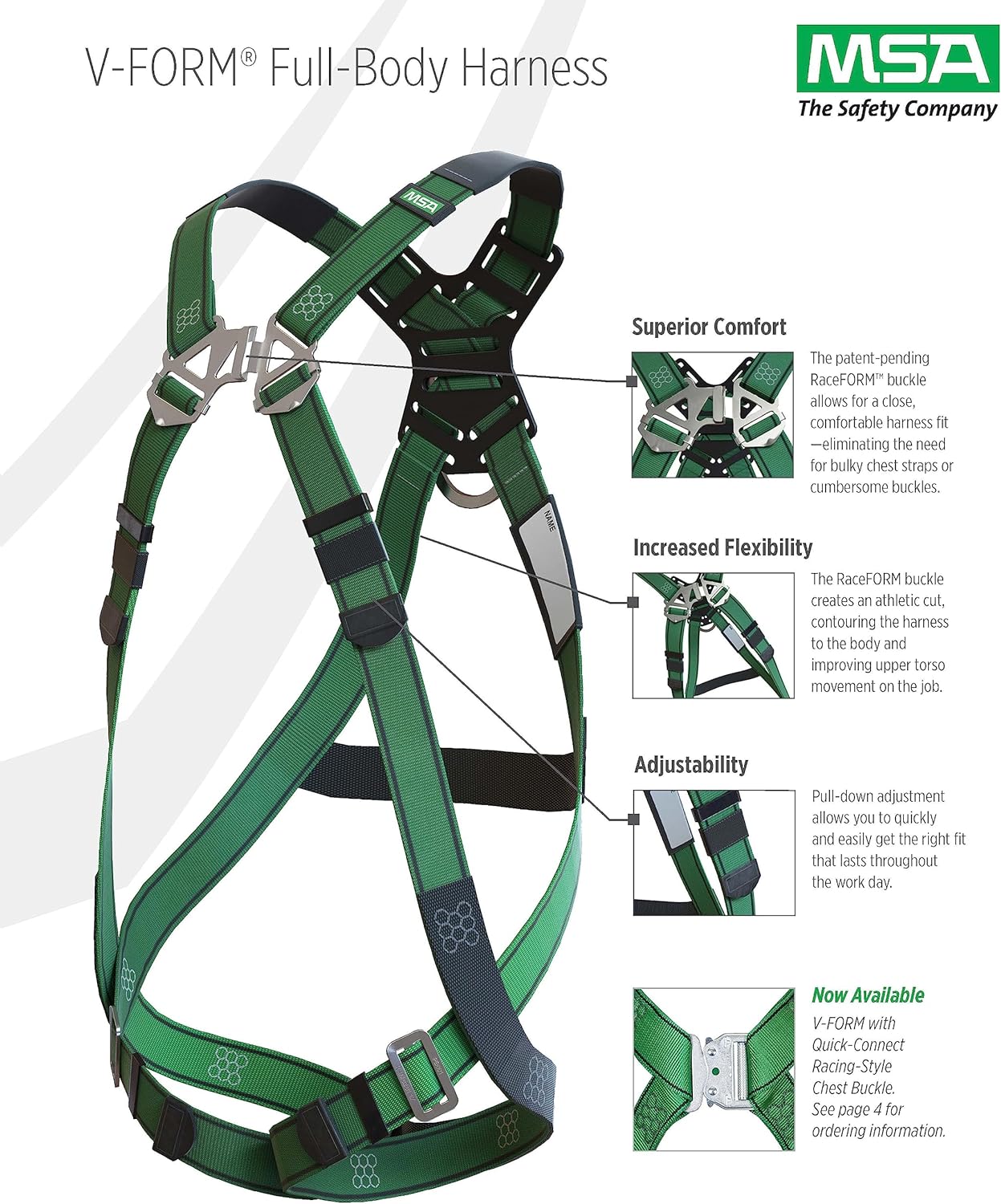 MSA 10197216 V-Form Full Body Safety Harness - Extra Large, D-Ring Configuration: Back/Hip, Tongue Buckle Leg Straps, Color: Green