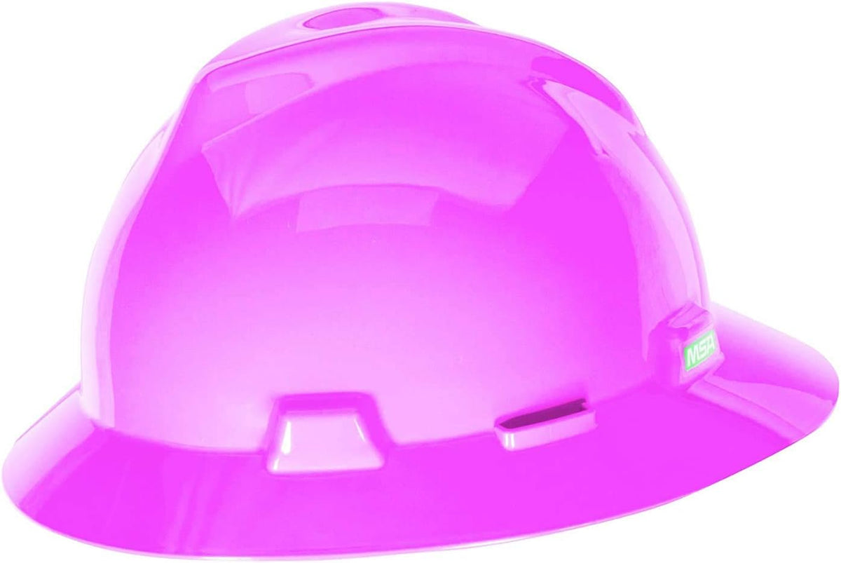 MSA 10156373 V-Gard Full-Brim Hard Hat With Fas-Trac III Ratchet Suspension | Polyethylene Shell, Superior Impact Protection, Self Adjusting Crown Straps - Standard Size in Hot Pink