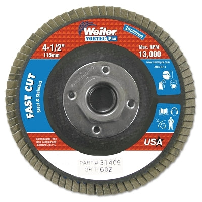 Weiler 31409 Vortec Pro Abrasive Flap Disc 4-1/2 inches 60 Grit 5/8 in-11 Arbor