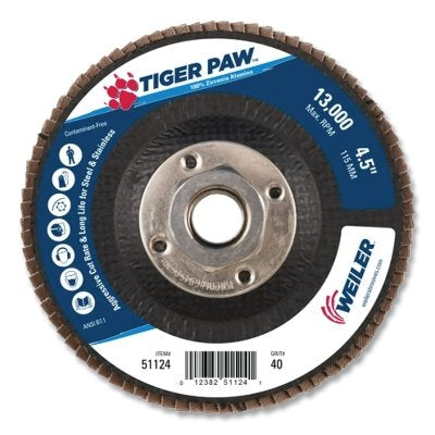 Weiler 51124 Tiger Paw TY29 Coated Abrasive Flap Disc 4-1/2 Inches 40 Grit 5/8-11 13000 RPM