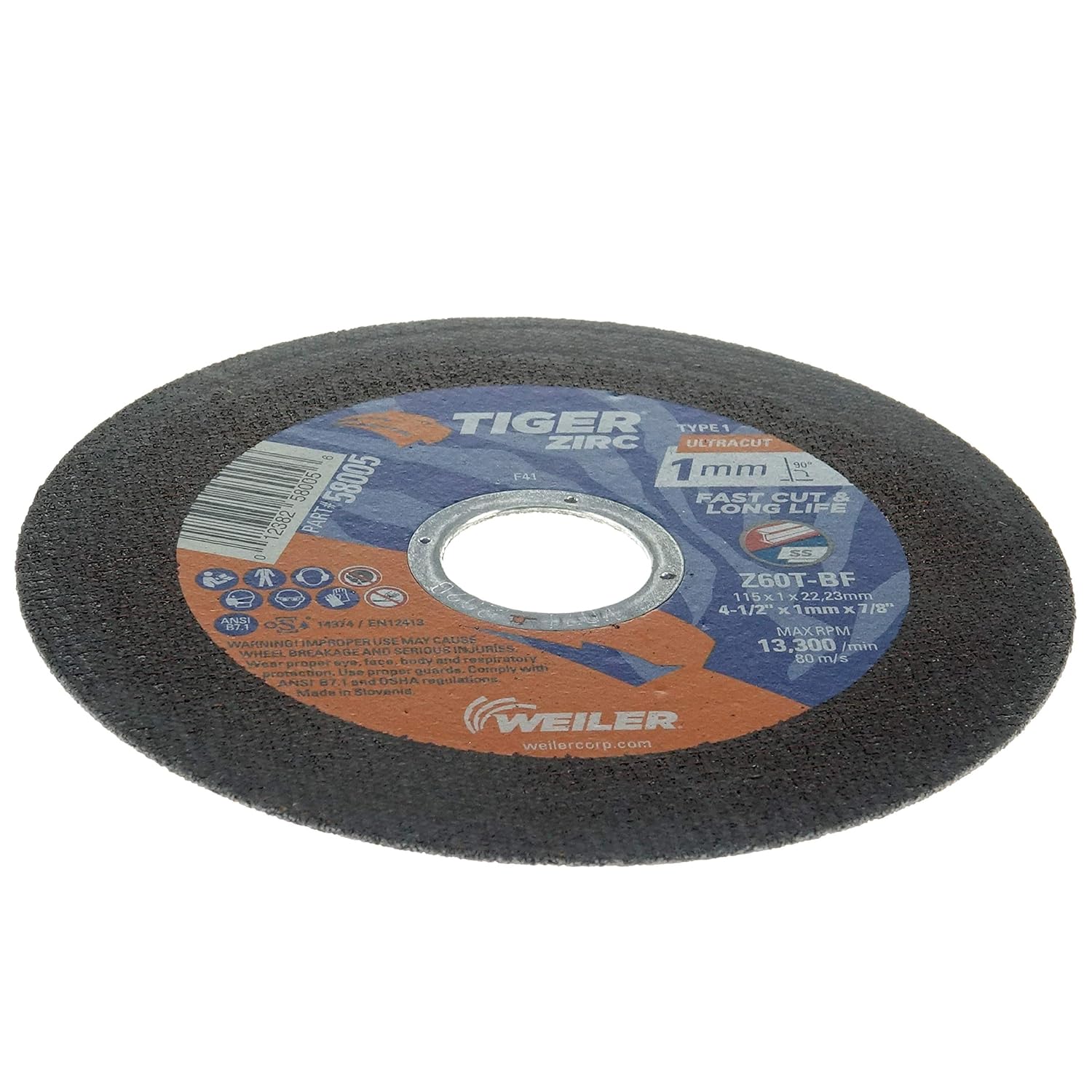 Weiler 58005 4-1/2 x 1mm Tiger ZIRC UltraCut Type 1 Thin Cutting Wheel Z60T 7/8 A.H.