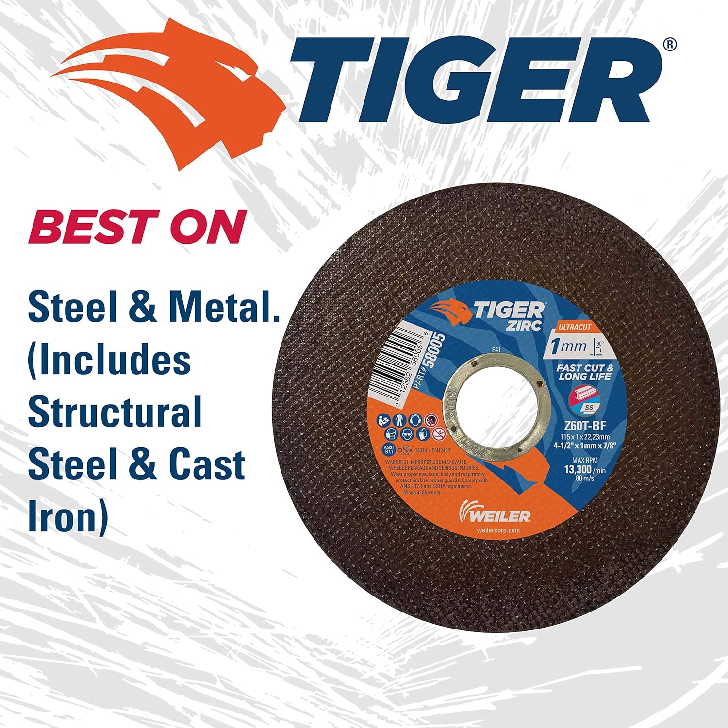 Weiler 58005 4-1/2 x 1mm Tiger ZIRC UltraCut Type 1 Thin Cutting Wheel Z60T 7/8 A.H.