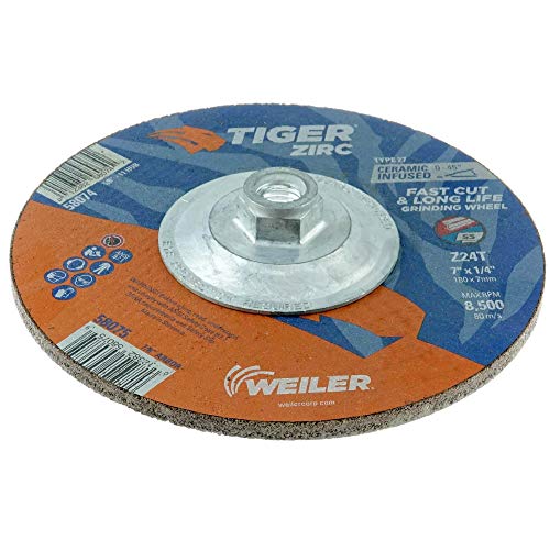 Weiler 58074 7 Inch Tiger Zirc Type 27 Grinding Wheel, 5/8-11 UNC Nut