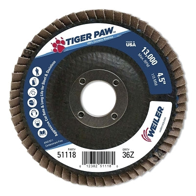 Weiler 51118 Tiger Paw TY29 Coated Abrasive Flap Disc 36 Grit 4.5 Inches 7/8 Arbor