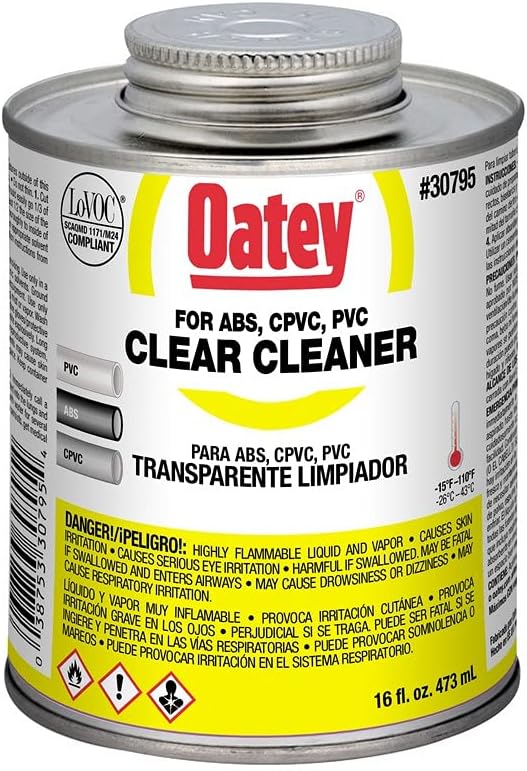 Oatey 30795 Clear PVC Cleaner, 16 oz For Use with PVC, CPVC, and ABS Pipe and Fittings